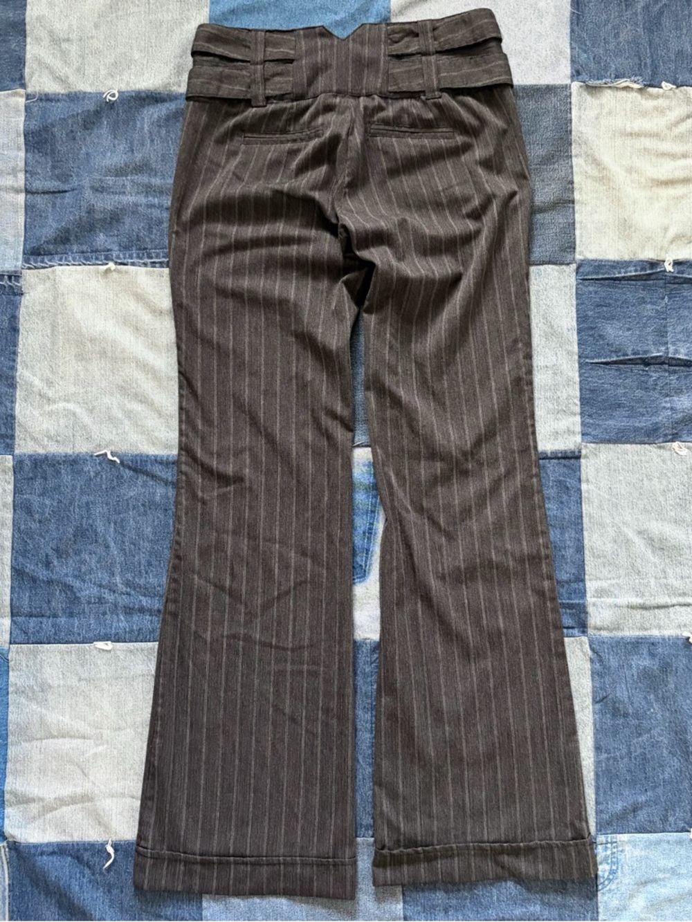 Y2K vanity flare grey striped trouser pants low rise wide belt button woven 5 - Picture 4 of 12